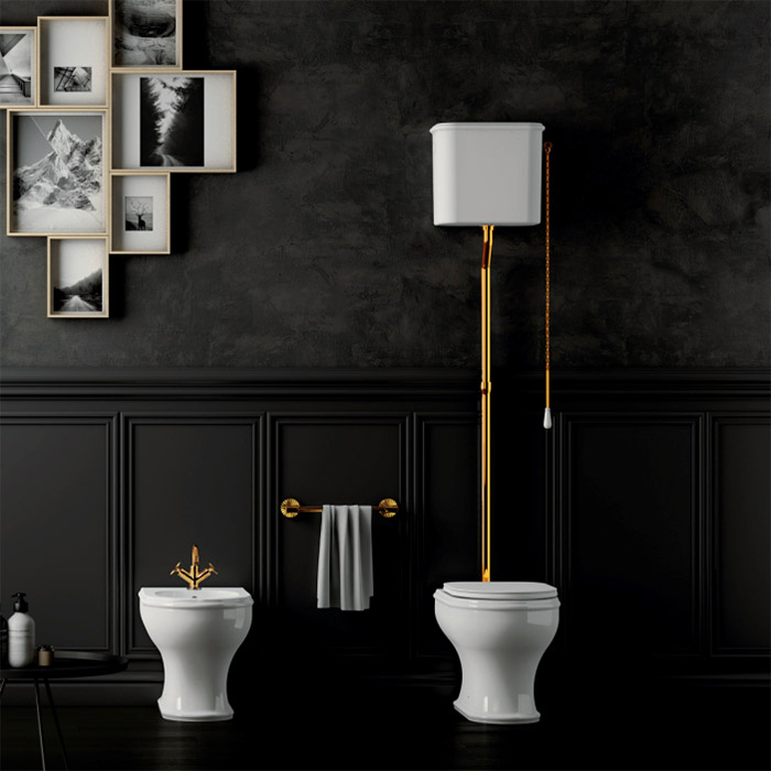 Azzurra Charme Унитаз напольный 52x40 см с высоким бачком, трубой и механизмом золото, 3L Water Saving, слив универсальный, сиденье микролифт цвет фурнитуры золото, с креплением VFV, цвет: Bianco lucido