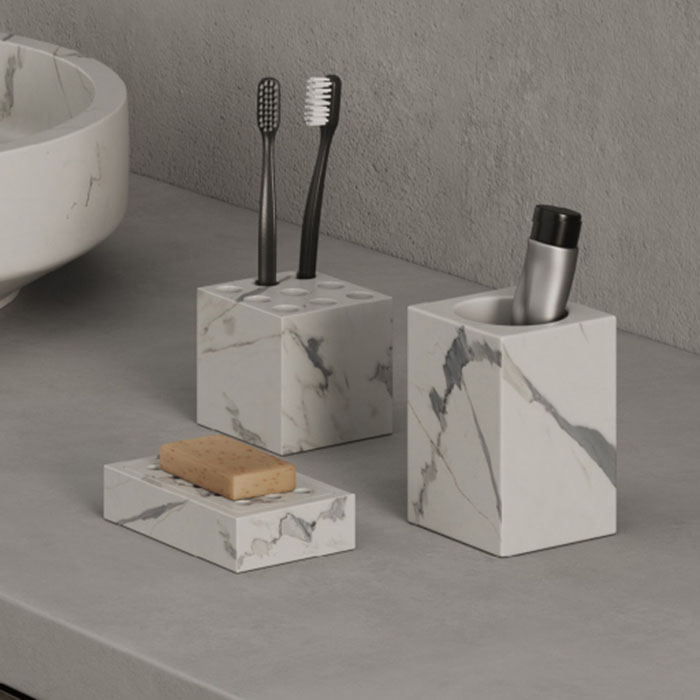 Dea Design Marble Стакан настольный, 8х8хh18см., из мрамора, с отверстиями под з/щетки цвет: Statuario White
