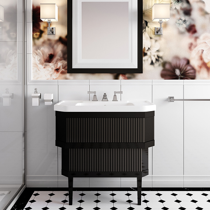 Devon&Devon Metropolitan ceramic Тумба из лакир дерева DEEP BLACK 89х87.5 с раковиной из белой керамики на 3 отв, планки крашенное дерево DEEP BLACK