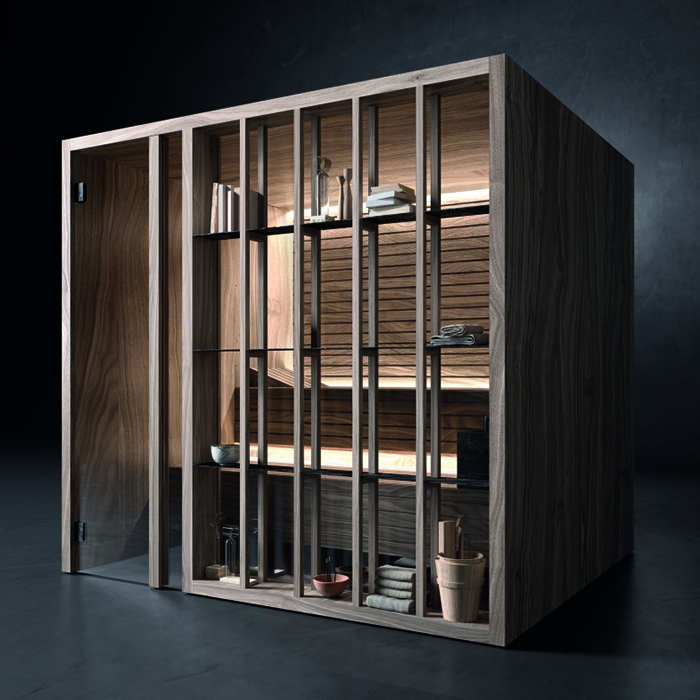 Effegibi Yoku H Shelf Хаммам 174x170х214см, угловая Sx, цвет: осина термообработанная/Calacatta Gold Extra
