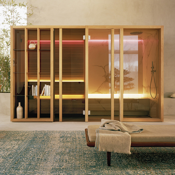Effegibi Yoku SH Glass Сауна&Хаммам 342x170х214см, угловая Sx, цвет: чёрный орех/Calacatta Gold Extra