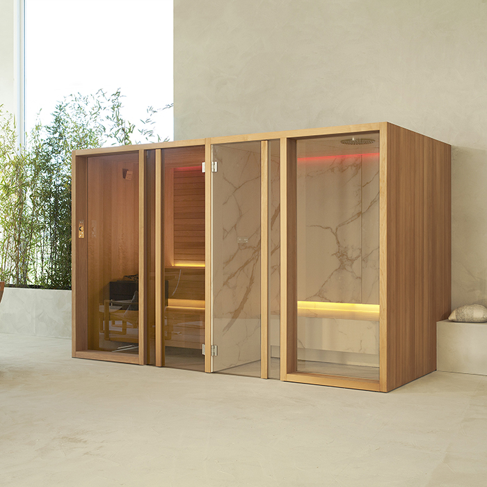 Effegibi Yoku Spa Shelf Сауна&Хаммам 444x170х217см, пристенная, цвет: чёрный орех/Calacatta Gold Extra