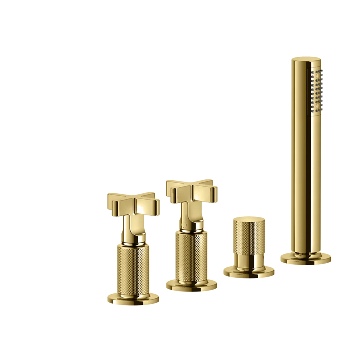 Gessi Inciso Смеситель для ванны, на 4 отв., с переключатель потоков, шланг 150см, и ручным душем, цвет: золото
