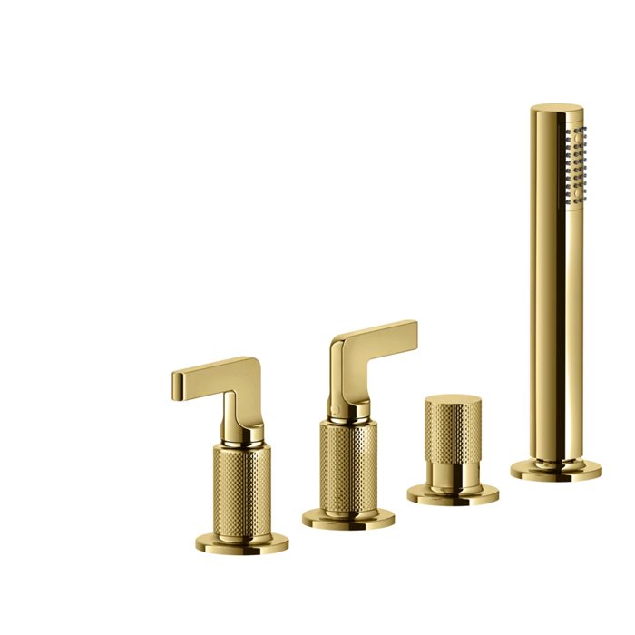 Gessi Inciso Смеситель для ванны, на 4 отв., с переключатель потоков, шланг 150см, и ручным душем, цвет: золото