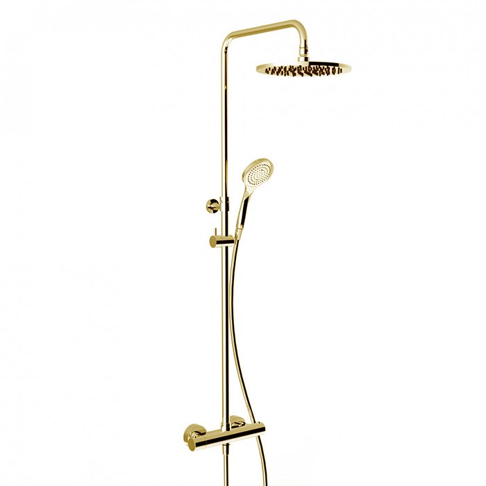 Gessi Minimalistic Душевая стойка, с верхним душем Ø25см., термостатическим смесителем, ручным душем и шлангом 150см, цвет: Gold PVD