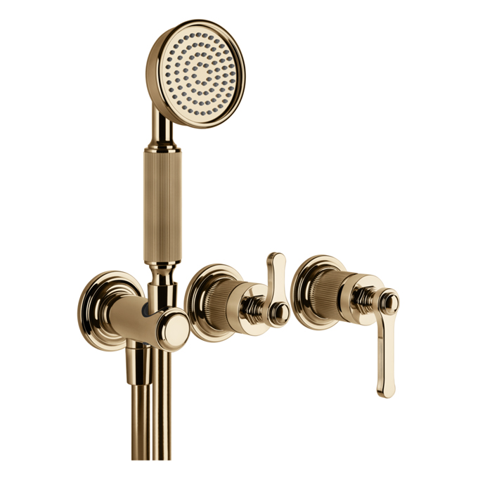 Gessi Venti20 Смеситель для душа, встраиваемый, с переключателем на 2 положения, с ручным душем и шлан 150см., внешн часть, цвет: Warm Bronze PVD