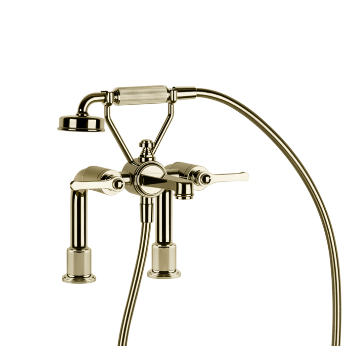 Gessi Venti20 Смеситель для установки на борт ванны на 2 отверстия, двухвентильный, с ручным душем и шлангом 1500 мм., цвет: Brass PVD