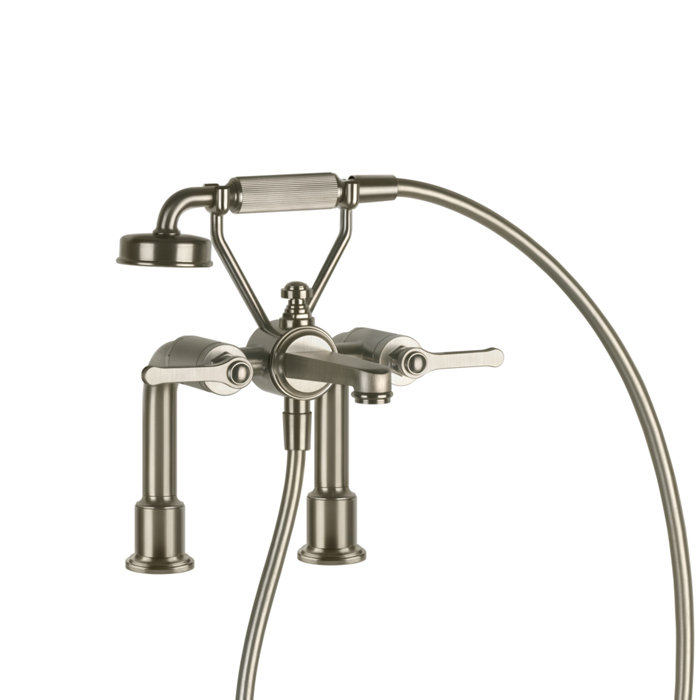 Gessi Venti20 Смеситель для установки на борт ванны на 2 отверстия, с ручным душем и шлангом 150см., цвет: Finox Brushed Nickel