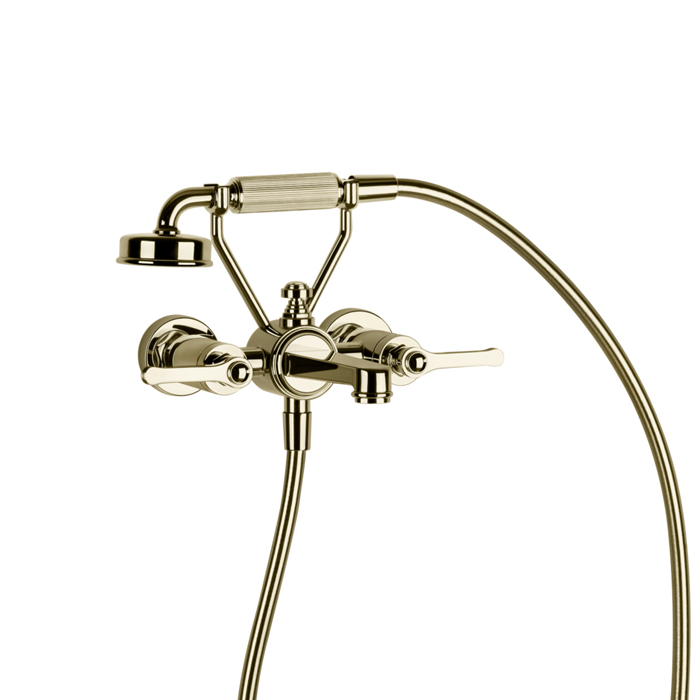 Gessi Venti20 Смеситель для ванны настенный, двухвентильный, с ручным душем и шлангом 1500 мм., цвет: Brass PVD