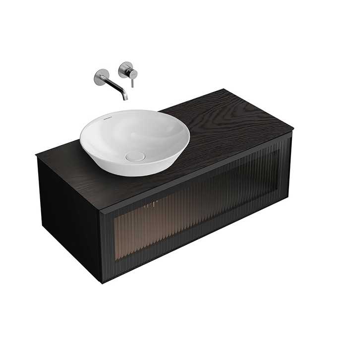 Kerama Marazzi Iconico Тумба подвесная 100 с рифленым стеклом, 1 ящик, столешница керамогранит Манифик вуд, цвет: черный