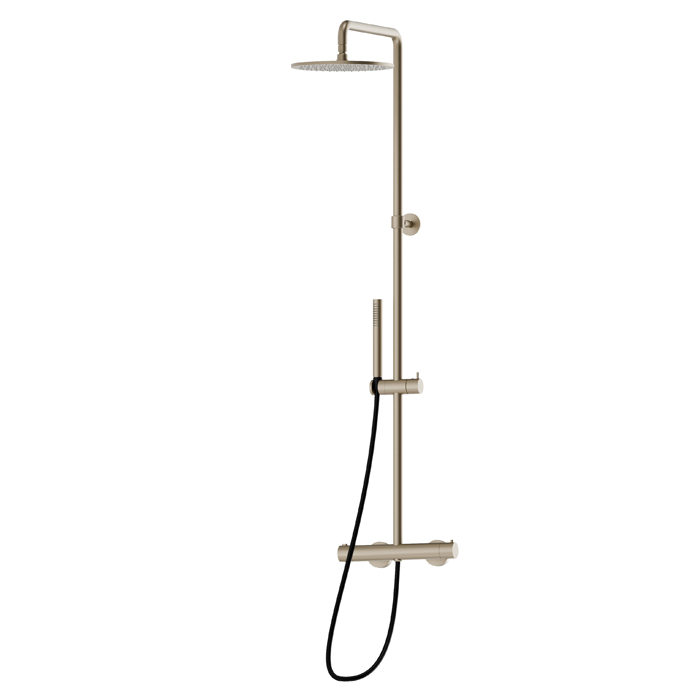 Newform Shower Душевая стойка с термостатическим смесителем, переключателем, верхним и ручным душем, цвет: gold satin