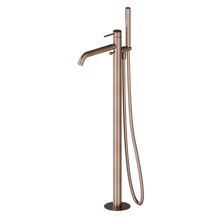 Newform X-STEEL 316 Смеситель для ванны напольный, излив 243 мм, в компл: руч. душ, шланг, без встр. части, цвет: PVD Brushed copper bronz