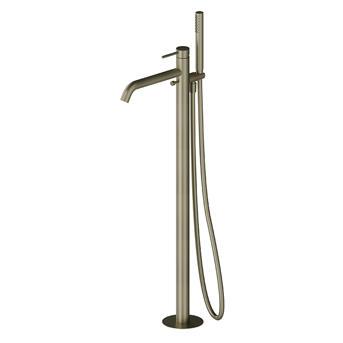 Newform X-STEEL 316 Смеситель для ванны напольный, излив 243 мм, в компл: руч. душ, шланг, без встр. части, цвет: PVD Brushed pale gold