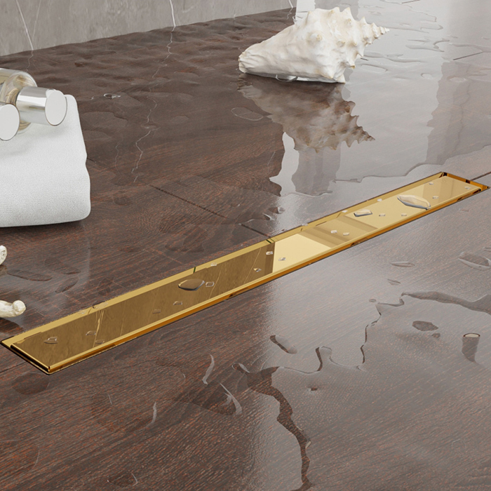 Plumberia Selection Трап душевой PS LINEAR 6x90 2устор. накладка из нерж.стали, комбинир.затвор с горизонт. Выпуском Ду 50мм,40л/мин, цвет: золото 24К