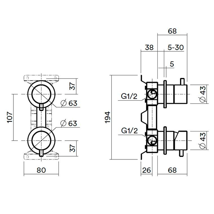QuadroDesign Встраиваемая часть смесителя на 2 потока, цвет: Black gold PVD