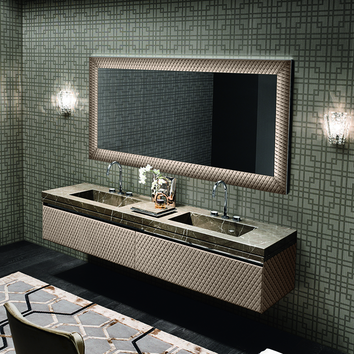 VITAGE milldue edition FOUR SEASONS Комплект мебели с базой, интегрированными раковинами PLANS, зеркалом LOSANNA, 216см, подвесной, цвет: мрамор bronzo amani-B58 экокожа visione-223 черный хром