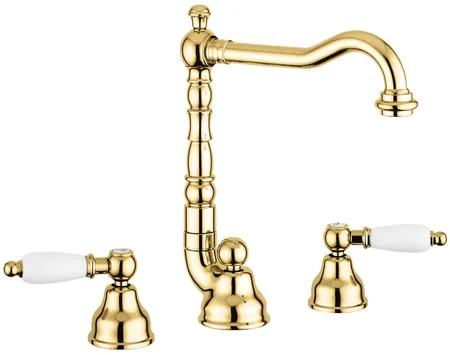 Emmevi Deco Ceramic, двухрычажный смеситель для раковины (излив 18,3 см), на 3 отверстия, с донным клапаном, цвет золото
