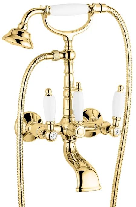 Emmevi Deco Ceramic, двухрычажный смеситель для ванны (излив 14 см), с набором для душа, цвет золото