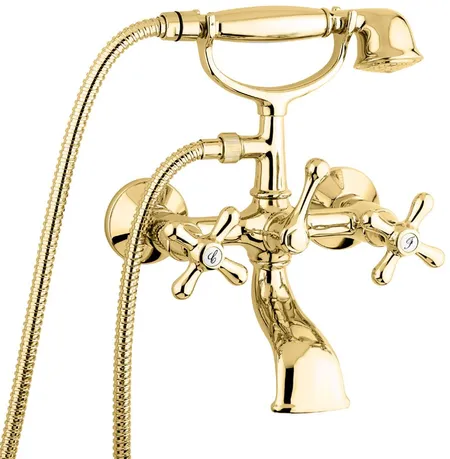 Emmevi Deco Classic, двухвентильный смеситель для ванны (излив 14 см), с набором для душа, цвет золото