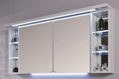 Puris Crescendo, зеркальный шкаф 120 см (3 двери и боковые открытые полочки) с Led подсветкой, цвет серый структурный