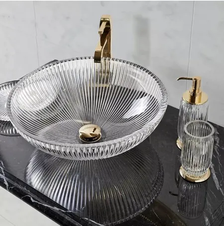 3SC ELEGANCE Раковина накладная, D=43,5/h16 см, без отверстия под смеситель, донный клапан в комплекте, цвет: прозрачный хрусталь/золото 24к.