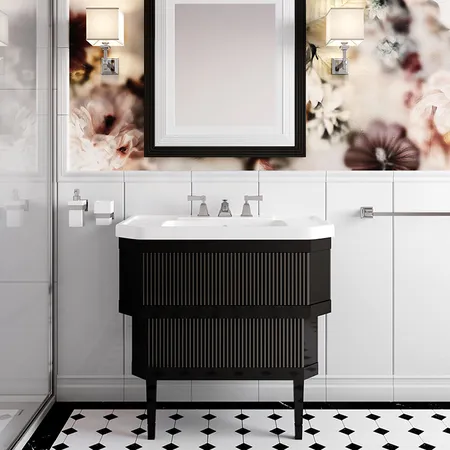 Devon&Devon Metropolitan ceramic Тумба из лакир дерева DEEP BLACK 89х87.5 с раковиной из белой керамики на 3 отв, планки крашенное дерево DEEP BLACK