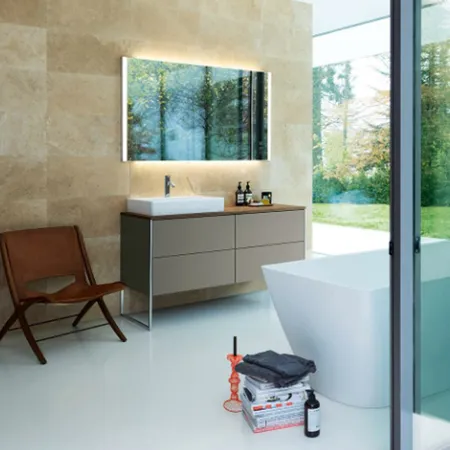 Duravit XSquare База на ножках  на 1 раковину слева L  140х57.8х40см, с 4 выдв ящик, цвет: фланелево серый матовый с консолью напольная, цвет орех и накладной раковиной