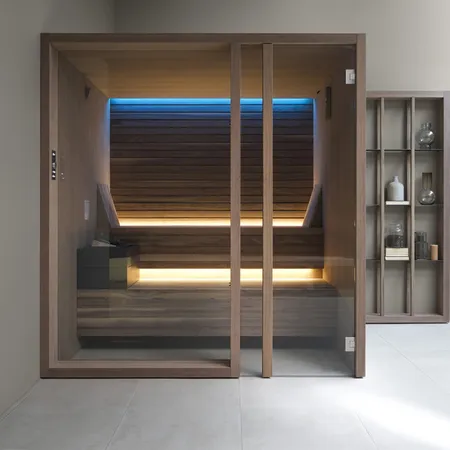 Effegibi Yoku S Glass Био-Сауна 230x200х214см, угловая DX, цвет: термообработанная древесина