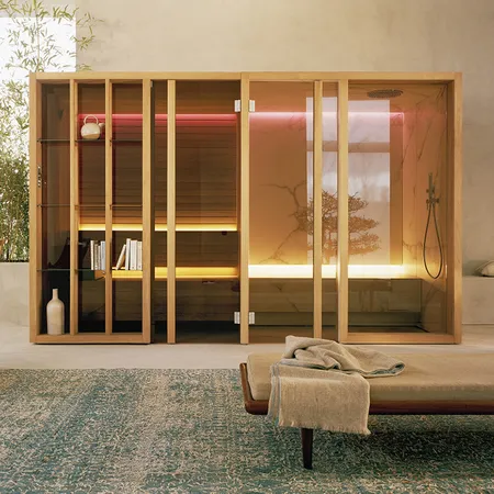 Effegibi Yoku SH Glass Сауна&Хаммам 342x170х214см, в нишу, цвет: чёрный орех/Calacatta Gold Extra