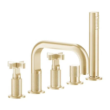 Gessi Inciso Смеситель для ванны, на 5 отв., с переключатель потоков, шланг 150см, и ручным душем, цвет: золото