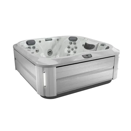 Jacuzzi J355 Минибассейн 214х214х94см, отдельностоящий, каскад, посветка, нагреватель, массажный подголовник, панель Brushed gray, цвет акрила: Platinum