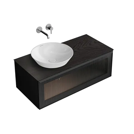 Kerama Marazzi Iconico Тумба подвесная 100 с рифленым стеклом, 1 ящик, столешница керамогранит Манифик вуд, цвет: черный