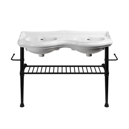 Kerasan Retro Консоль металлическая 120 см, на ножках, полка решетка, 2 полотенцедержателя, цвет: чёрный матовый