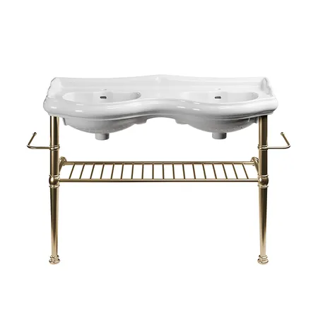 Kerasan Retro Консоль металлическая 120 см, на ножках, полка решетка, 2 полотенцедержателя, цвет: золото