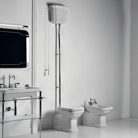 Kerasan Waldorf Унитаз  пристенный удлиненный, с высоким бачком- уст-ка на расстоянии 2см от стены и трубой, цвет: белый/хром