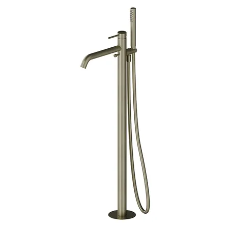 Newform X-STEEL 316 Смеситель для ванны напольный, излив 243 мм, в компл: руч. душ, шланг, без встр. части, цвет: PVD Brushed pale gold