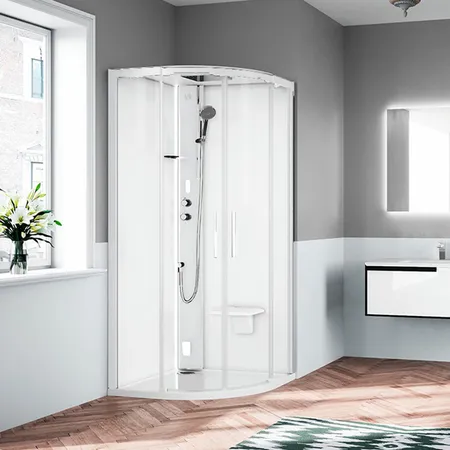 Novellini Glax Душевая кабина 100х100х224см., Standart с крышей , смеситель термостатический, Hammam и сиденье, цвет: белый матовый/стекла прозрачные