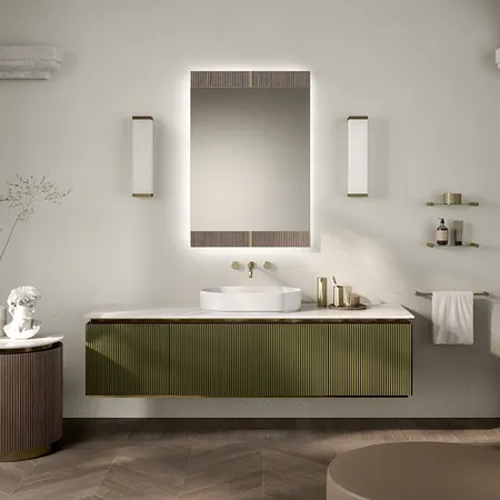 Oasis Naos Композиция №15 Комплект мебели 185х56xh45см, подвесной, мраморный топ calacatta oro, цвет: лак матовый/золото матовое