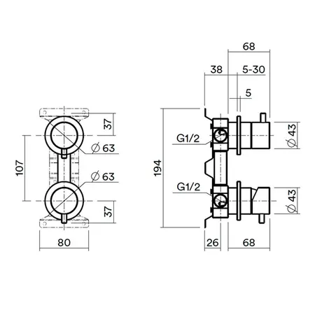 QuadroDesign Встраиваемая часть настенного смесителя на 2 потока, цвет: Light Gold PVD