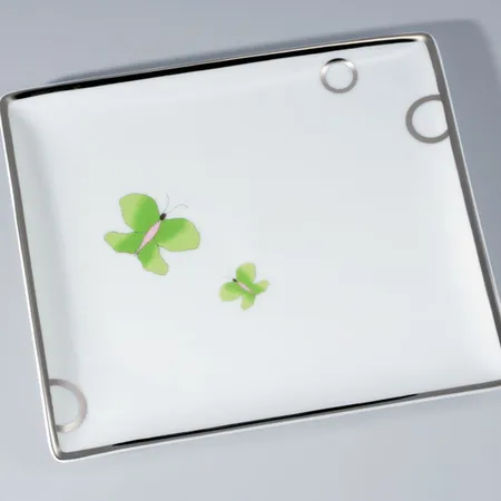 THG CAPUCINE VERT DECOR PLATINE Поднос керамический 220х198 мм., настольный, large size, декор платина/зеленый, цвет: белый