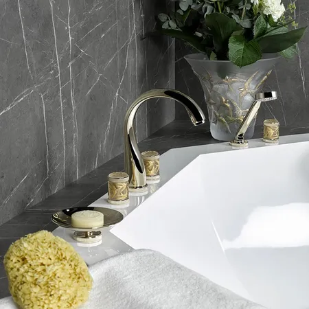 THG Hirondelles Gold Stamped Смеситель на борт ванны, 5 отв., с ручным душем, цвет: Soft gold