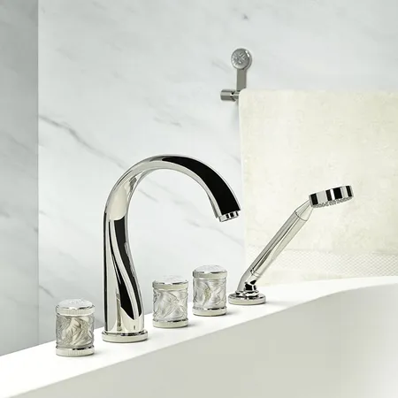 THG Hirondelles Platinum Stamped Смеситель на борт ванны, 5 отв., с ручным душем, цвет: Polished nickel