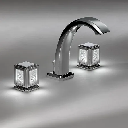 THG Métropolis cristal clair Смеситель для раковины на 3 отверстия, ручки с подсветкой, с донным клапаном, цвет: хром