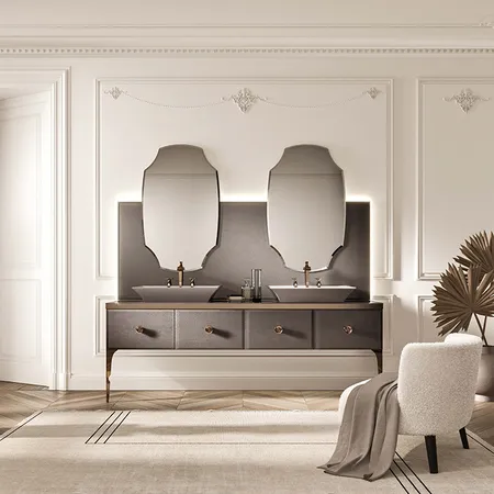 VITAGE milldue edition MAJESTIC 09 Комплект мебели 216х55х73см напольный, 2 раковины, 2 зеркала, с подсветкой, отделка: стекло elephant bronze, фурнитура: бронза
